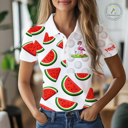 Tired Flamingo Watermelon Pattern Womens Golf Polo Shirts Custom Funny Golfing Flamingo Golf Shirts NYN2882