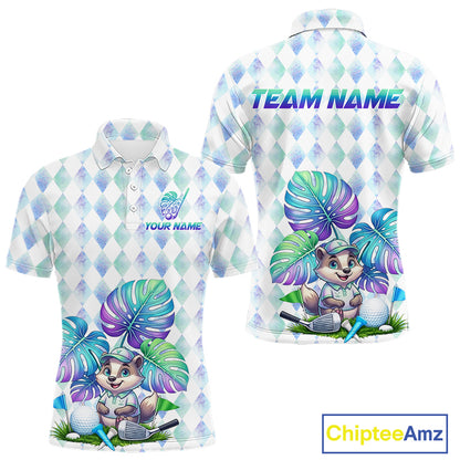 Funny Mens Golf Polo Shirt Holographic Argyle Monstera Golf Ball Personalized Raccoon Golf Shirts NYN3094