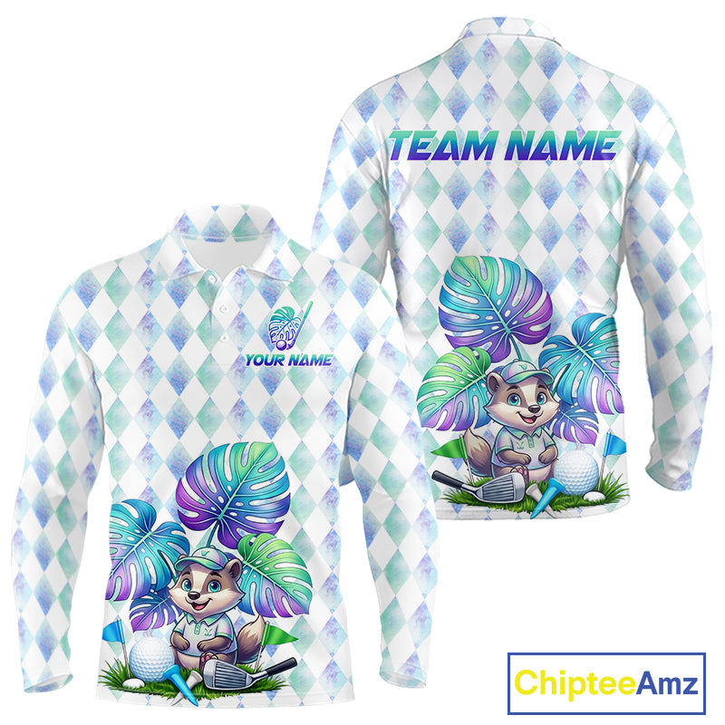 Funny Mens Golf Polo Shirt Holographic Argyle Monstera Golf Ball Personalized Raccoon Golf Shirts NYN3094