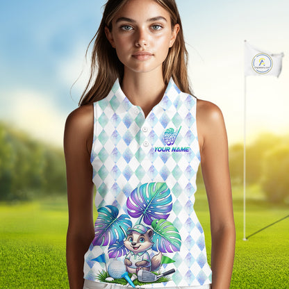 Funny Womens Golf Sleeveless Polo Shirt Holographic Argyle Monstera Golf Ball Personalized Raccoon Golf Shirts NYN3094