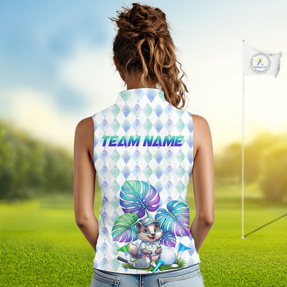 Funny Womens Golf Sleeveless Polo Shirt Holographic Argyle Monstera Golf Ball Personalized Raccoon Golf Shirts NYN3094