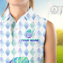 Load image into Gallery viewer, Funny Womens Golf Sleeveless Polo Shirt Holographic Argyle Monstera Golf Ball Personalized Raccoon Golf Shirts NYN3094
