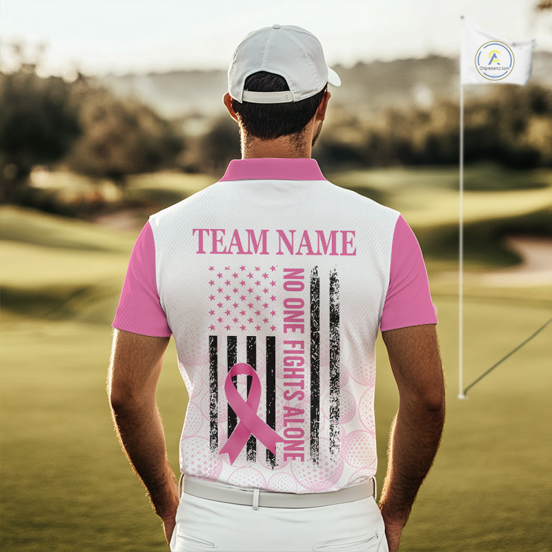 Pink Ribbon Breast Cancer Awareness Mens Polo Shirt Custom US Flag Patriotic Golf Shirt For Men NYN3099