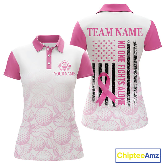 Pink Ribbon Breast Cancer Awareness Womens Polo Shirt Custom US Flag Patriotic Golf Shirt For Women NYN3099
