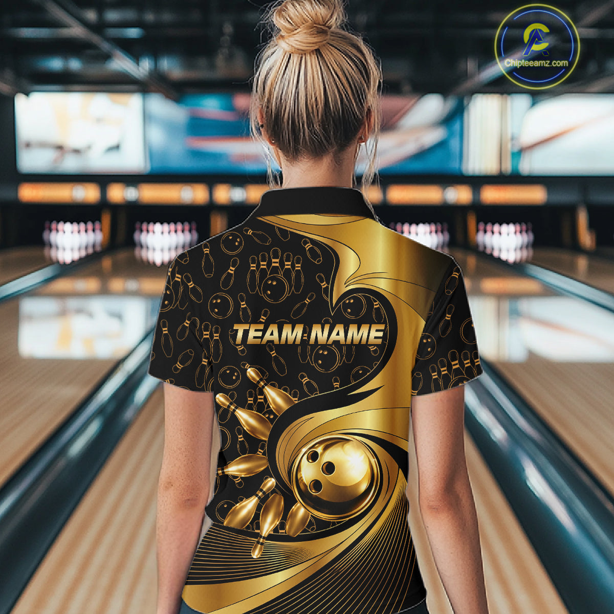 Black And Gold Strikes Bowling Ball & Pins Shirt For Women Custom Bowling Team Attire NYN3275