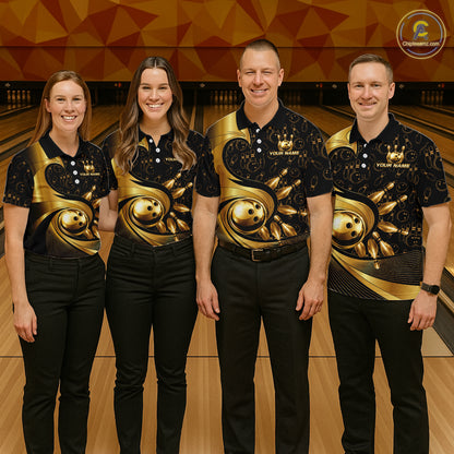 Black And Gold Strikes Bowling Ball & Pins Shirt For Men Custom Bowling Team Attire NYN3275