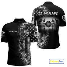 Load image into Gallery viewer, White Smokes American Flag Skeleton men's quarter zip darts shirt, patriotic USA dart team jersey, tournament apparel