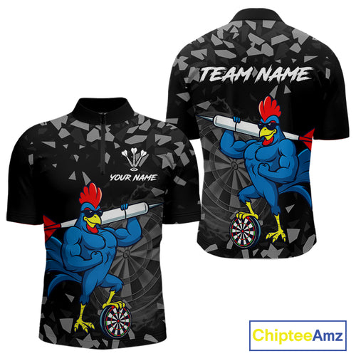 Custom Black And Blue Funny Rooster Dart 1/4-Zip Shirt For Men Outfit Dart Team Jersey NYN1459