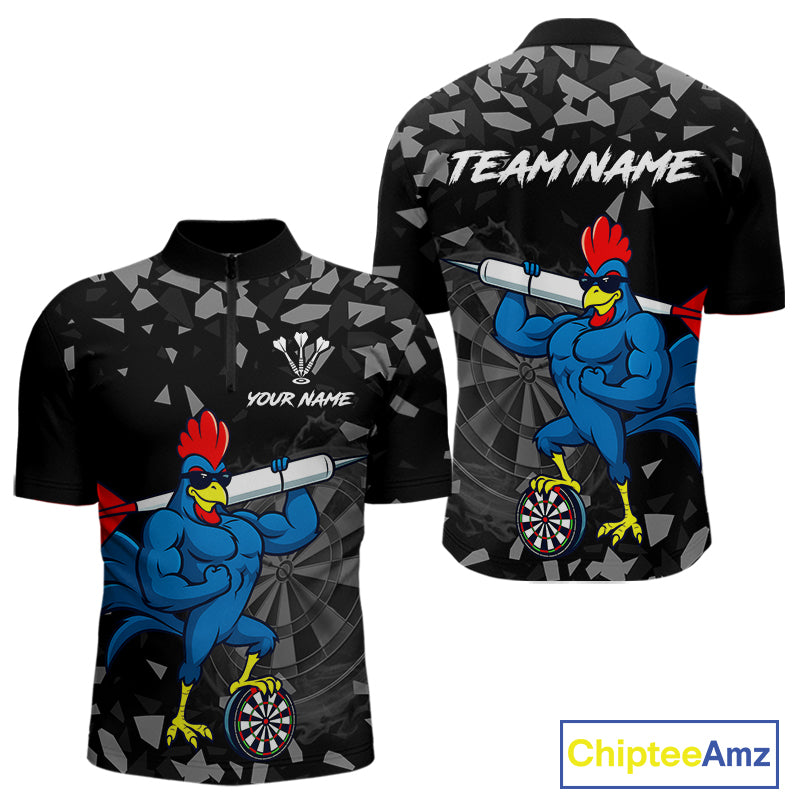Custom Black And Blue Funny Rooster Dart 1/4-Zip Shirt For Men Outfit Dart Team Jersey NYN1459