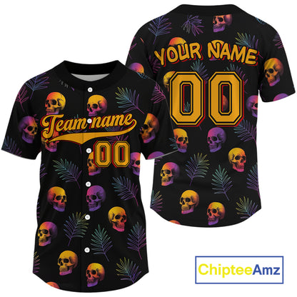 Custom Black And Yellow Skull Baseball Halloween Shirt For Men Skull Baseball Jerseys NYN1468