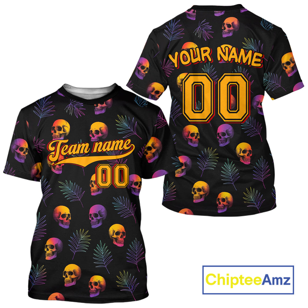 Custom Black And Yellow Skull Baseball Halloween T-Shirt For Men Skull Baseball Shirts NYN1468