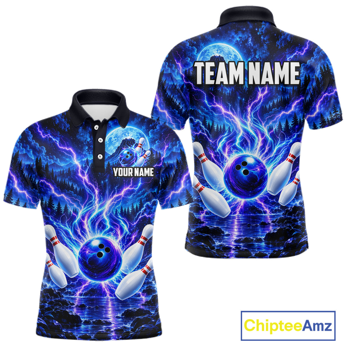 Blue Lightning Bowling Polo 1/4-Zip Shirt For Men Personalized Thunder & Moon Bowling Jersey NYN4554