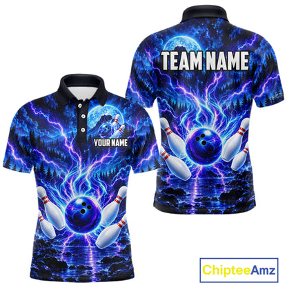 Blue Lightning Bowling Polo 1/4-Zip Shirt For Men Personalized Thunder & Moon Bowling Jersey NYN4554