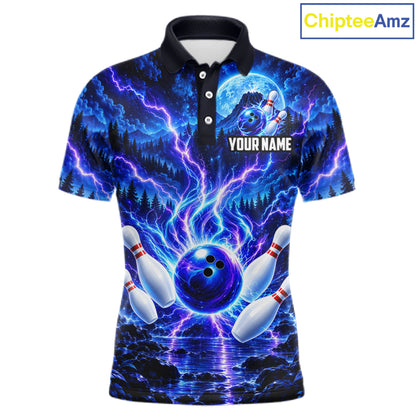 Blue Lightning Bowling Polo 1/4-Zip Shirt For Men Personalized Thunder & Moon Bowling Jersey NYN4554