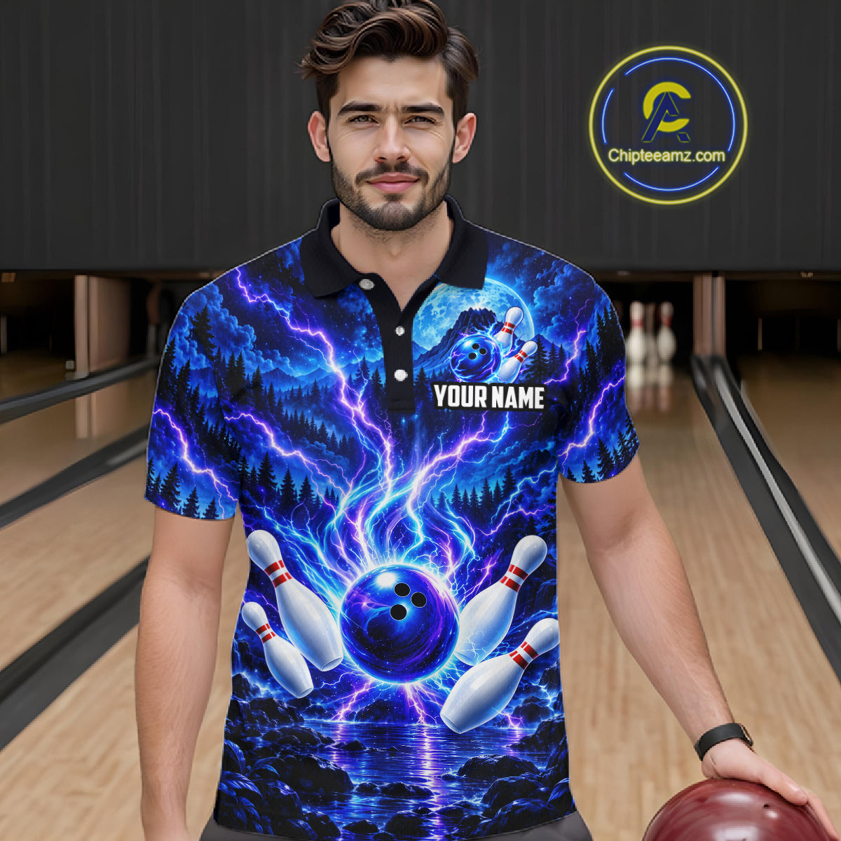 Blue Lightning Bowling Polo 1/4-Zip Shirt For Men Personalized Thunder & Moon Bowling Jersey NYN4554