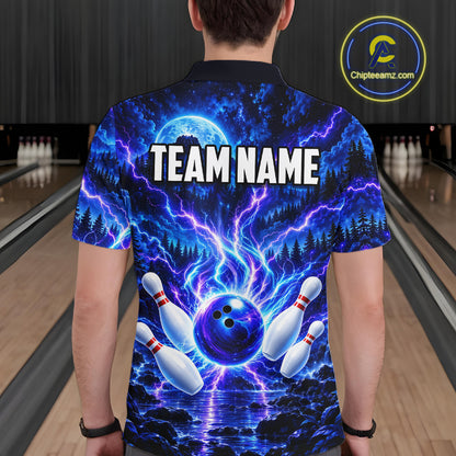 Blue Lightning Bowling Polo 1/4-Zip Shirt For Men Personalized Thunder & Moon Bowling Jersey NYN4554