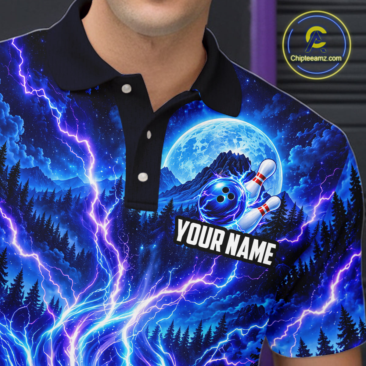 Blue Lightning Bowling Polo 1/4-Zip Shirt For Men Personalized Thunder & Moon Bowling Jersey NYN4554