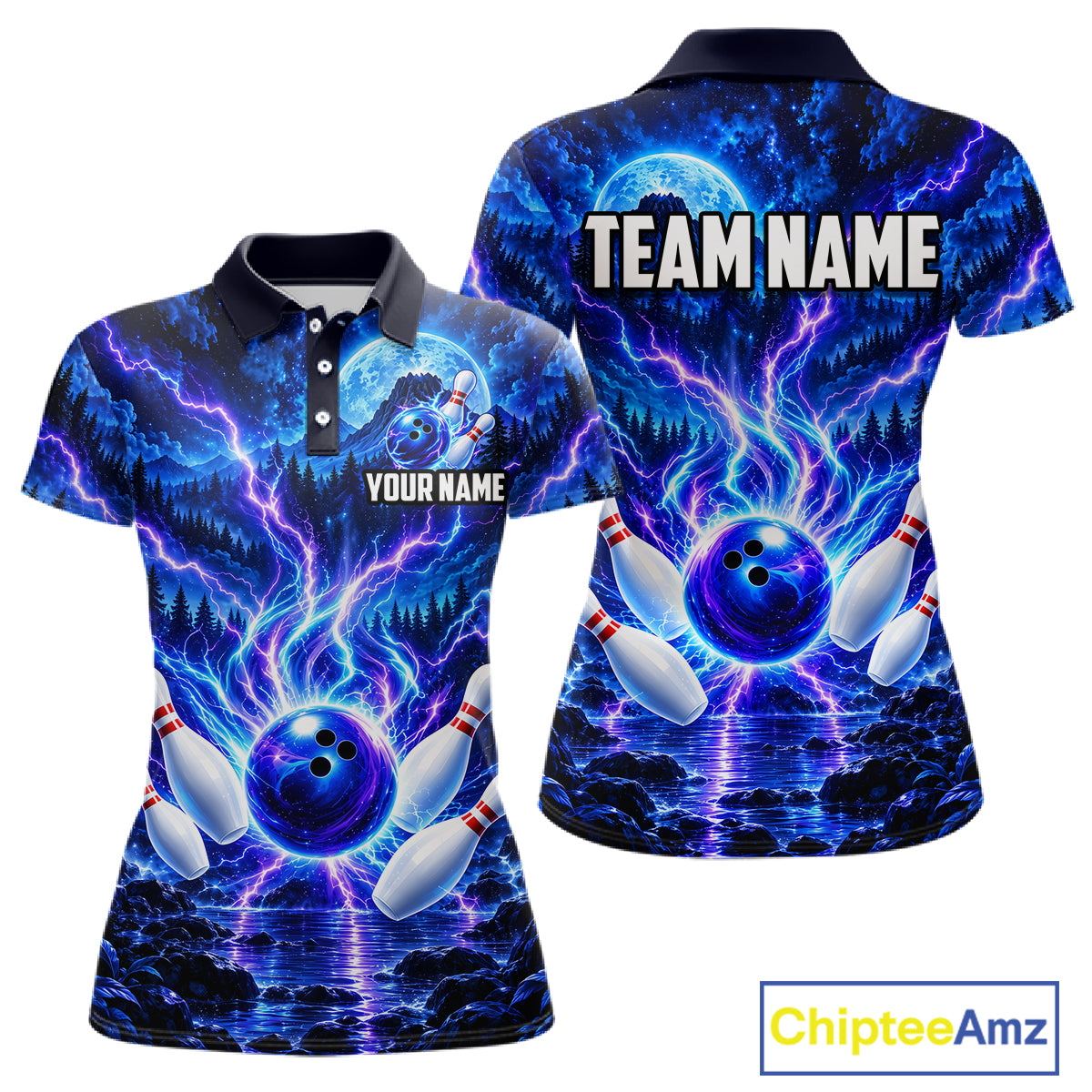 Blue Lightning Bowling Polo 1/4-Zip Shirt For Women Personalized Thunder & Moon Bowling Jersey NYN4554