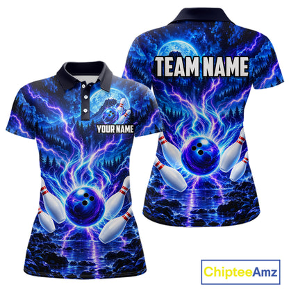 Blue Lightning Bowling Polo 1/4-Zip Shirt For Women Personalized Thunder & Moon Bowling Jersey NYN4554