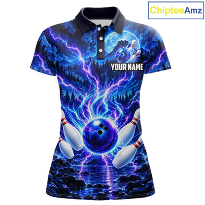 Blue Lightning Bowling Polo 1/4-Zip Shirt For Women Personalized Thunder & Moon Bowling Jersey NYN4554
