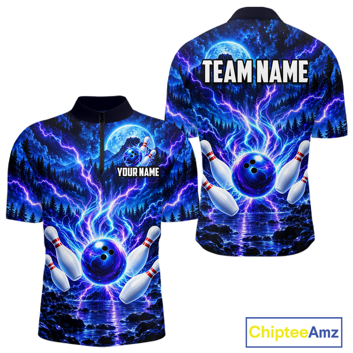 Blue Lightning Bowling Polo 1/4-Zip Shirt For Men Personalized Thunder & Moon Bowling Jersey NYN4554