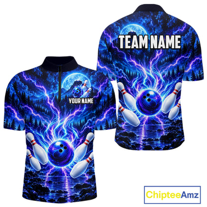 Blue Lightning Bowling Polo 1/4-Zip Shirt For Men Personalized Thunder & Moon Bowling Jersey NYN4554