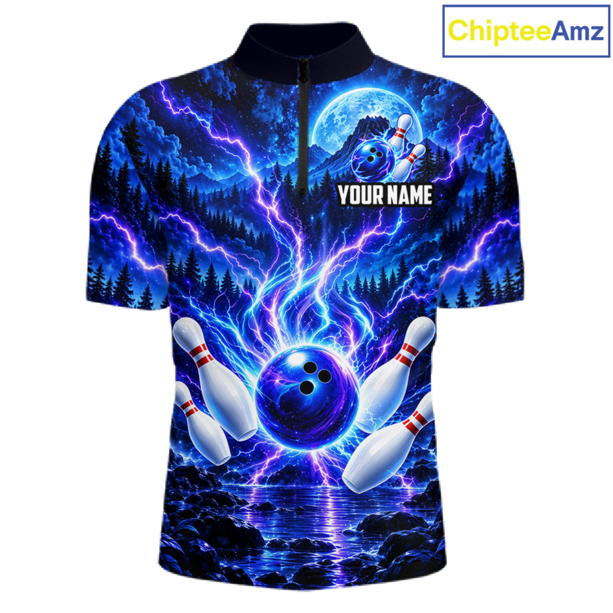 Blue Lightning Bowling Polo 1/4-Zip Shirt For Men Personalized Thunder & Moon Bowling Jersey NYN4554