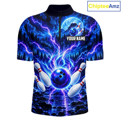 Blue Lightning Bowling Polo 1/4-Zip Shirt For Men Personalized Thunder & Moon Bowling Jersey NYN4554