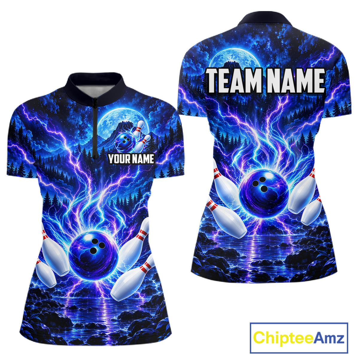Blue Lightning Bowling Polo 1/4-Zip Shirt For Women Personalized Thunder & Moon Bowling Jersey NYN4554