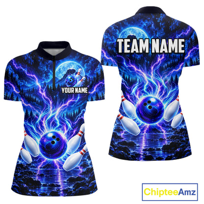 Blue Lightning Bowling Polo 1/4-Zip Shirt For Women Personalized Thunder & Moon Bowling Jersey NYN4554