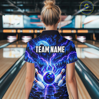 Blue Lightning Bowling Polo 1/4-Zip Shirt For Women Personalized Thunder & Moon Bowling Jersey NYN4554