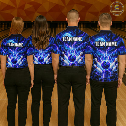 Blue Lightning Bowling Polo 1/4-Zip Shirt For Men Personalized Thunder & Moon Bowling Jersey NYN4554