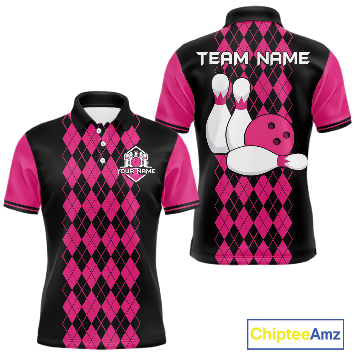 Argyle Bowling Shirt Polo Quarter-Zip For Men Custom Pink Argyle Plaid Bowling League Uniform NYN4559
