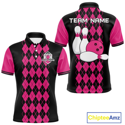 Argyle Bowling Shirt Polo Quarter-Zip For Men Custom Pink Argyle Plaid Bowling League Uniform NYN4559