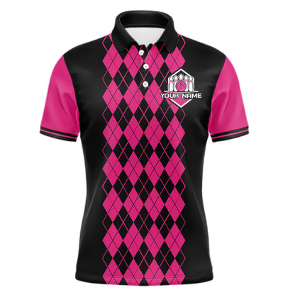 Argyle Bowling Shirt Polo Quarter-Zip For Men Custom Pink Argyle Plaid Bowling League Uniform NYN4559