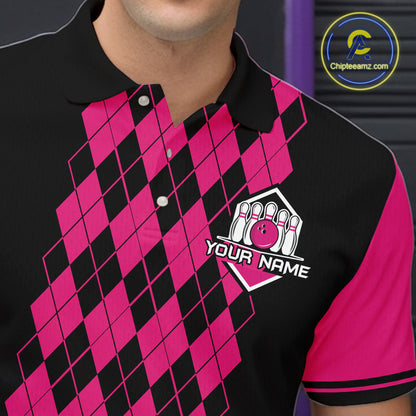 Argyle Bowling Shirt Polo Quarter-Zip For Men Custom Pink Argyle Plaid Bowling League Uniform NYN4559