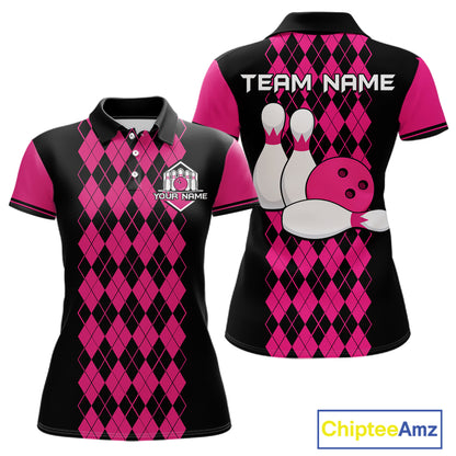 Argyle Bowling Shirt Polo Quarter-Zip For Women Custom Pink Argyle Plaid Bowling League Uniform NYN4559