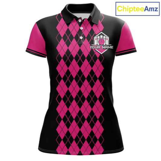Argyle Bowling Shirt Polo Quarter-Zip For Women Custom Pink Argyle Plaid Bowling League Uniform NYN4559