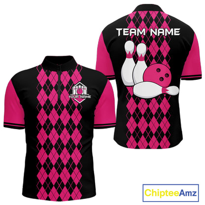 Argyle Bowling Shirt Polo Quarter-Zip For Men Custom Pink Argyle Plaid Bowling League Uniform NYN4559