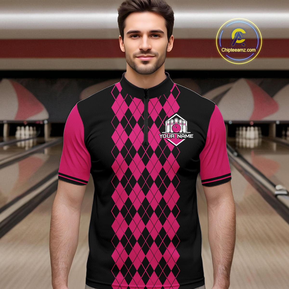 Argyle Bowling Shirt Polo Quarter-Zip For Men Custom Pink Argyle Plaid Bowling League Uniform NYN4559