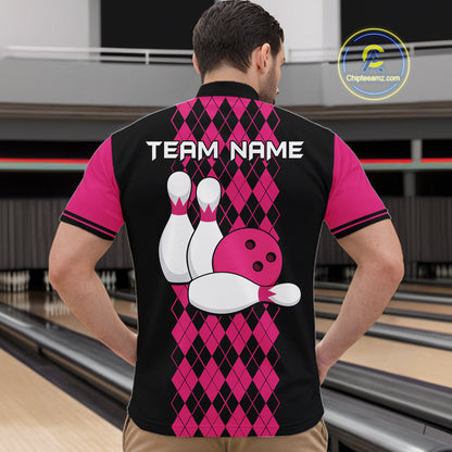 Argyle Bowling Shirt Polo Quarter-Zip For Men Custom Pink Argyle Plaid Bowling League Uniform NYN4559