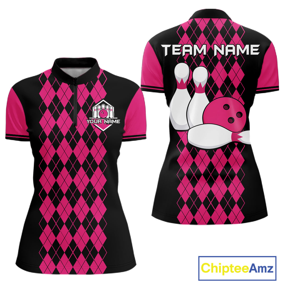 Argyle Bowling Shirt Polo Quarter-Zip For Women Custom Pink Argyle Plaid Bowling League Uniform NYN4559