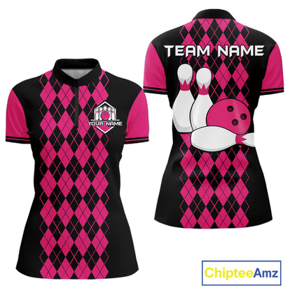 Argyle Bowling Shirt Polo Quarter-Zip For Women Custom Pink Argyle Plaid Bowling League Uniform NYN4559