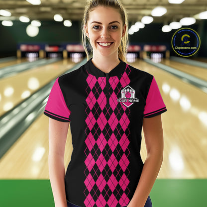 Argyle Bowling Shirt Polo Quarter-Zip For Women Custom Pink Argyle Plaid Bowling League Uniform NYN4559