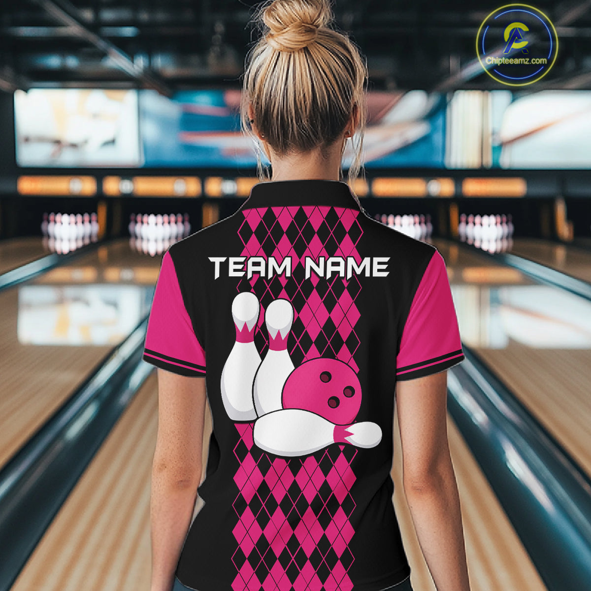 Argyle Bowling Shirt Polo Quarter-Zip For Women Custom Pink Argyle Plaid Bowling League Uniform NYN4559