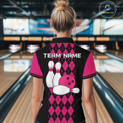 Argyle Bowling Shirt Polo Quarter-Zip For Women Custom Pink Argyle Plaid Bowling League Uniform NYN4559