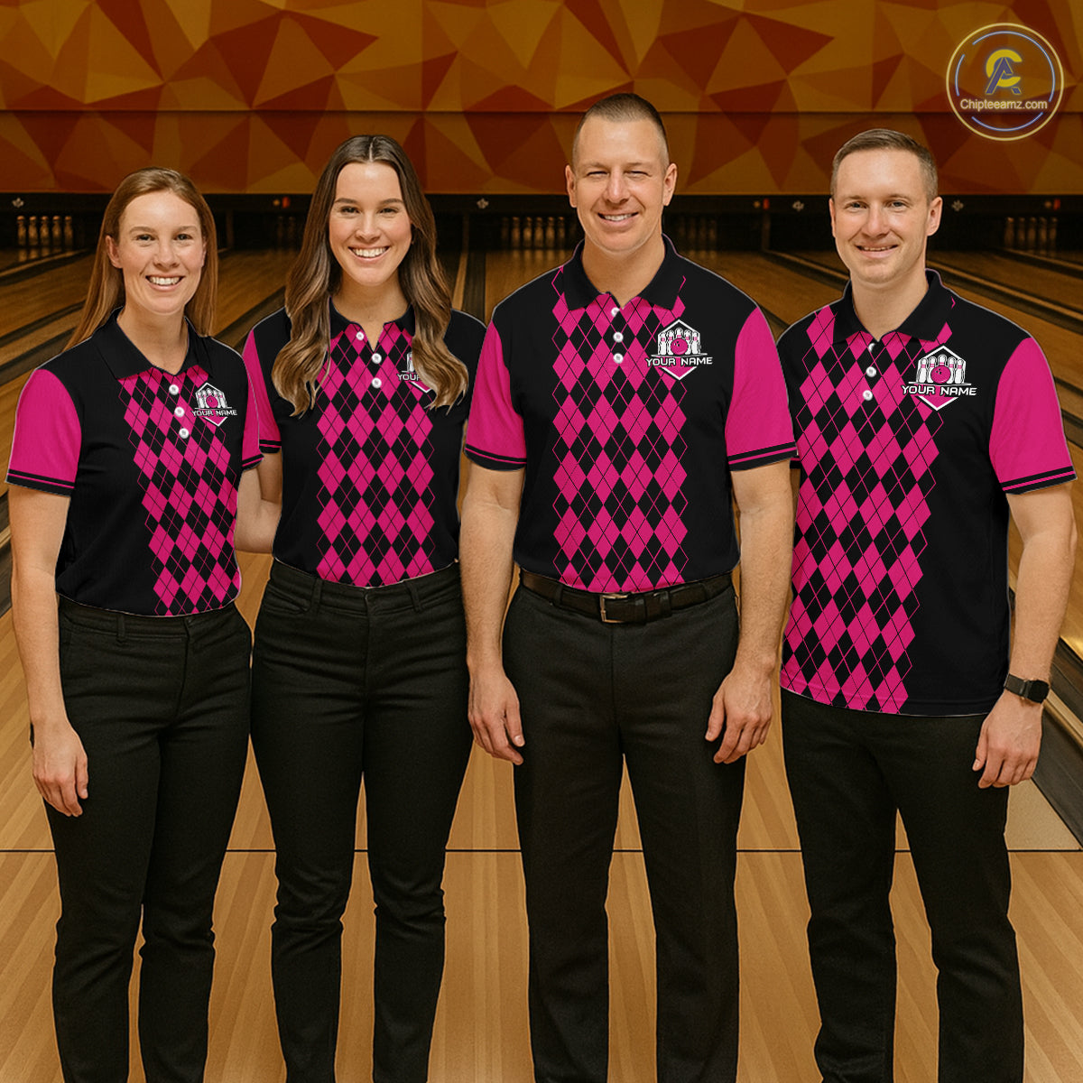 Argyle Bowling Shirt Polo Quarter-Zip For Men Custom Pink Argyle Plaid Bowling League Uniform NYN4559