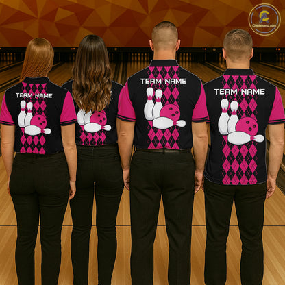 Argyle Bowling Shirt Polo Quarter-Zip For Men Custom Pink Argyle Plaid Bowling League Uniform NYN4559