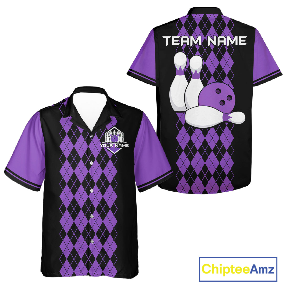 Multicolor Argyle Bowling Shirt Custom Bowling Button Down Shirt Vintage Retro Bowling League Uniform NYN4560