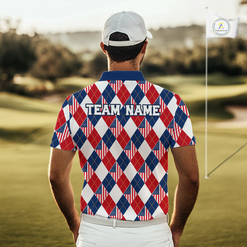 American Flag Argyle Golf Polo Shirt For Men Custom Red White Blue Argyle Golf Team Shirts NYN4929